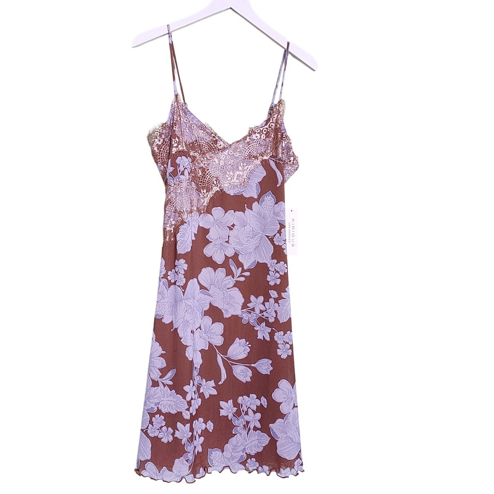 Kirious Los Angeles Floral Lace Trim Slip Dress Brown Lavender Y2K Coquette M